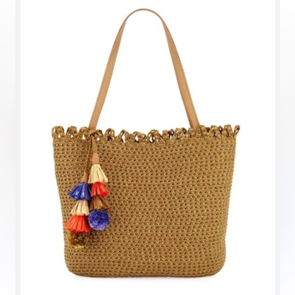 Eric Javits Tan Woven Straw Tote with Multicolor Tassels